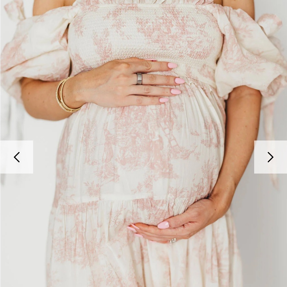 Elena 100% Cotton Toile Print Smocked Midi Dress in Pink - Bump Friendly